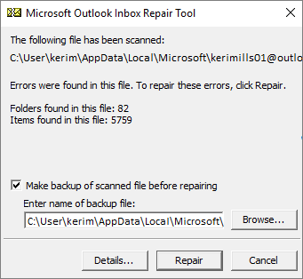 Shows results of scanned Outlook .pst data file using the Microsoft Inbox Repair tool, SCANPST.EXE